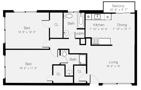 Floor plan for 2 beds, 2 baths, 1072 sqft